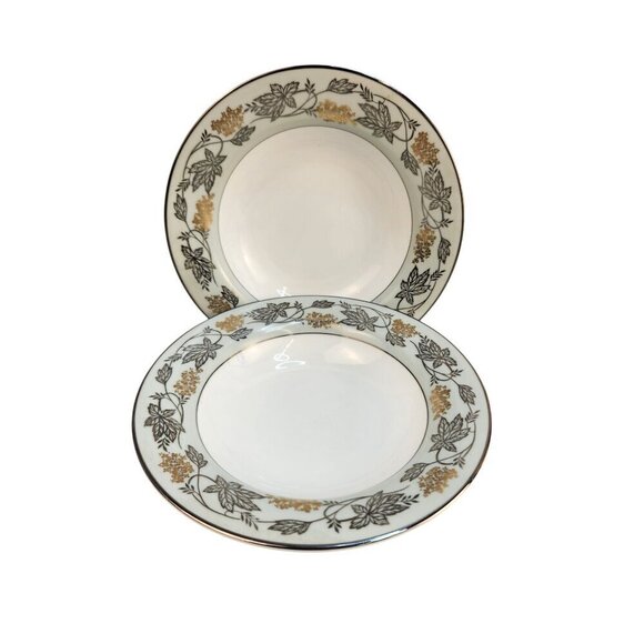 Noritake China Silvine 5487 Soup Bowls Set Of 2 With Floral Leaf Pattern Rim Des - Picture 1 of 8